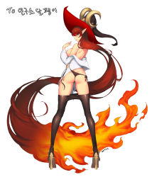 Rule 34 | absurdly long hair, absurdres, ass, back, bad id, bad pixiv id, breasts, brown hair, clothes pull, dekka, dungeon and fighter, fiery hair, grey eyes, hat, high heels, highres, horns, long hair, nipples, panties, pantyhose, parted lips, pink lips, pointy ears, side-tie panties, signature, simple background, smile, solo, standing, thong, underwear, untied panties, very long hair, white background, witch hat