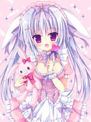 Rule 34 | 1girl, :d, animal ears, bad id, bad pixiv id, blue hair, blush, bow, bowtie, breasts, candy, choker, eyebrows, frilled choker, frilled sleeves, frills, hair between eyes, hair bow, hasune (hasuneya), head tilt, heart, holding, key hair ornament, long hair, maid headdress, medium breasts, open mouth, original, pink background, pink bow, pink eyes, pink skirt, pleated skirt, puffy short sleeves, puffy sleeves, purple bow, purple bowtie, rabbit ears, short sleeves, skirt, smile, solo, sparkle, star (symbol), stuffed animal, stuffed rabbit, stuffed toy, twintails, wrapped candy