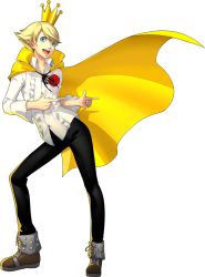 Rule 34 | 1boy, alternate form, cape, crown, dancing, kuma (persona 4), male focus, official art, persona, persona 4, persona 4: dancing all night, persona dancing, pointing, short hair, simple background, solo