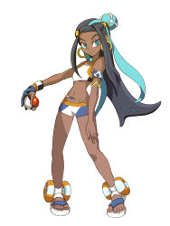 Rule 34 | 1girl, armband, armlet, black hair, blue eyes, blue hair, breasts, creatures (company), dark-skinned female, dark skin, earrings, game freak, gym leader, highres, holding, holding poke ball, hoop earrings, jewelry, long hair, looking at viewer, multicolored hair, navel, nessa (pokemon), nintendo, pixelflag, poke ball, poke ball (basic), pokemon, pokemon swsh, sandals, short shorts, shorts, small breasts, solo, two-tone hair, white background, wristband