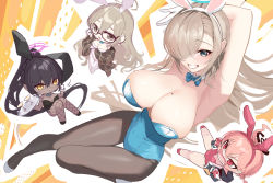 Rule 34 | 4girls, akane (blue archive), akane (bunny) (blue archive), amano hagoromo, animal ears, arm up, armpits, asuna (blue archive), asuna (bunny) (blue archive), bare arms, bare shoulders, black-framed eyewear, black hair, black leotard, blue archive, blue eyes, blue leotard, breasts, chibi, cleavage, commentary request, dark skin, detached collar, fake animal ears, fishnet pantyhose, fishnets, glasses, gloves, grey hair, grey pantyhose, grin, hair over one eye, holding, holding tray, karin (blue archive), karin (bunny) (blue archive), large breasts, leotard, long hair, looking at viewer, mole, mole on breast, multiple girls, neru (blue archive), neru (bunny) (blue archive), pantyhose, pink hair, pink leotard, playboy bunny, rabbit ears, red eyes, smile, strapless, strapless leotard, thighs, tray, very long hair, white gloves, yellow eyes