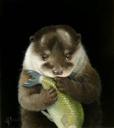 Rule 34 | animal, animal focus, black background, commentary request, dated, dutch commentary, fish, highres, holding, holding animal, holding fish, looking at viewer, no humans, original, otter, painting (medium), realistic, simple background, suzan visser, traditional media, upper body