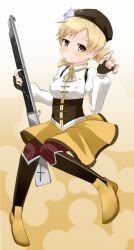 Rule 34 | 10s, 1girl, bad id, bad pixiv id, beret, boots, brown thighhighs, corset, detached sleeves, drill hair, fingerless gloves, gloves, gradient background, gun, hat, index finger raised, magical girl, magical musket, mahou shoujo madoka magica, mahou shoujo madoka magica (anime), pleated skirt, puffy sleeves, ribbon, rifle, shirt, skirt, solo, striped clothes, striped thighhighs, taut clothes, taut shirt, thighhighs, tomoe mami, twin drills, twintails, vertical-striped clothes, vertical-striped thighhighs, weapon, wk (low-f)