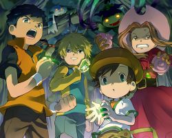 Rule 34 | 00s, 1girl, 3boys, :3, :d, anger vein, angry, black hair, blonde hair, brown hair, cabbie hat, clenched teeth, color connection, digimon, digimon (creature), digimon adventure, digimon adventure 02, digimon frontier, digimon tamers, digivice, dress, glowing, glowing eyes, grin, hat, himi tomoki, li jianliang, long dress, multiple boys, open mouth, palmon, patamon, plant, poop, raglan sleeves, shaded face, short hair, smile, sun hat, t k g, tachikawa mimi, takaishi takeru, teeth, terriermon, time paradox, toei animation, vines, you gonna get raped