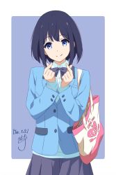 Rule 34 | 1girl, bag, black bow, black bowtie, blazer, blue eyes, blue hair, blue jacket, blue skirt, bow, bowtie, closed mouth, collared shirt, dated, english text, heart, highres, jacket, long sleeves, looking at viewer, nii manabu, original, pleated skirt, school bag, school uniform, shirt, short hair, signature, simple background, skirt, smile, solo, two-tone background, uniform, white shirt