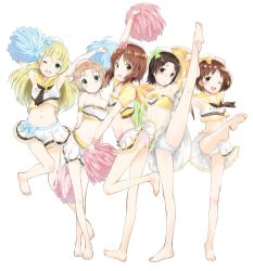 Rule 34 | 5girls, :d, :|, arms behind back, arms up, barefoot, blonde hair, blue bow, blue footwear, blue ribbon, bow, braid, brown eyes, brown hair, cameltoe, carpaccio (girls und panzer), cheerleader, closed mouth, collarbone, commentary request, crossed legs, female focus, frilled panties, frilled skirt, frills, from side, full body, girls und panzer, green eyes, hair between eyes, hat, highres, holding, holding own foot, holding pom poms, kokekokko coma, leg up, long hair, looking at viewer, miniskirt, multiple girls, navel, neckerchief, nishizumi miho, one eye closed, open mouth, orange hair, orange pekoe (girls und panzer), panties, pantyshot, parted bangs, pink footwear, pink panties, pink ribbon, pleated skirt, pom pom (cheerleading), pom poms, ribbon, sailor collar, sailor hat, sakaguchi karina, sawa azusa, short hair, sidelocks, simple background, skirt, sleeveless, smile, standing, standing on one leg, strapless, tube top, underwear, upskirt, watson cross, white background, white panties, white skirt