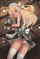Rule 34 | 1girl, alternate costume, apron, ass, bare shoulders, black dress, black gloves, blonde hair, blue eyes, blurry, blurry background, blush, breasts, chandelier, cowboy shot, depth of field, dress, emori el, enmaided, from below, gloves, highres, holding, layered dress, liver city, long hair, looking at viewer, looking back, maid, maid apron, maid headdress, nihoshi (bipedal s), nose blush, one side up, panties, sleeveless, sleeveless dress, small breasts, solo, standing, tears, thermos, thighhighs, thighs, underwear, white panties, white thighhighs
