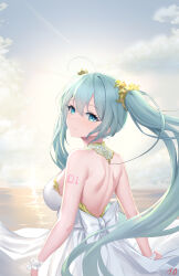 Rule 34 | 1girl, absurdres, ahoge, aqua hair, arm tattoo, back bow, backless dress, backless outfit, blue eyes, bow, breasts, dress, from behind, gold trim, hair ornament, hatsune miku, highres, large breasts, long hair, looking back, median furrow, medium breasts, nanoda002 (saber427), number tattoo, ocean, sideboob, sleeveless, sleeveless dress, solo, tattoo, twintails, vocaloid, water, white bow, white dress