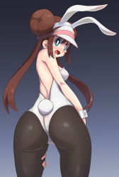 Rule 34 | 1girl, animal ears, ass, blush, breasts, brown hair, creatures (company), double bun, embarrassed, fake animal ears, fake tail, from behind, game freak, gradient background, green eyes, groin, hair bun, highres, legs, leotard, long hair, looking at viewer, looking back, nintendo, nose blush, open mouth, pantyhose, playboy bunny, pokemon, pokemon bw2, rabbit ears, rabbit tail, rosa (pokemon), simple background, small breasts, standing, strapless, tail, tears, thighs, twintails, visor cap, wavy mouth, white leotard, wrist cuffs, yachi (fujiyasu0616)