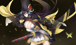 Rule 34 | 1girl, absurdres, armor, black gloves, black hair, blade, breasts, bug, butterfly, cleavage, cowboy shot, elbow gloves, floating hair, from side, gloves, helmet, highres, huge weapon, insect, japanese armor, jeffrey10, large breasts, long hair, looking at viewer, looking to the side, onmyoji, onmyouji, pauldrons, shoulder armor, solo, very long hair, weapon, yaodao ji, yellow eyes