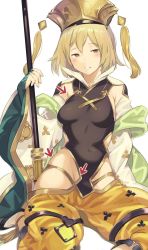 Rule 34 | 10s, 1girl, apsaras (granblue fantasy), arrow (projectile), blonde hair, breasts, detached sleeves, djeeta (granblue fantasy), duplicate, granblue fantasy, hat, highres, leotard, navel, no bra, no panties, short hair, small breasts, smile, solo, staff, sunao (souis)