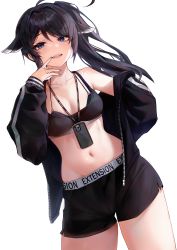 Rule 34 | 1girl, absurdres, ahoge, black hair, black jacket, blush, breasts, cellphone, cleavage, collarbone, cowboy shot, finger to mouth, highres, jacket, large breasts, long hair, long sleeves, looking at viewer, mole, mole under eye, navel, off shoulder, open clothes, open jacket, original, parted lips, phone, polla, short shorts, shorts, side ponytail, simple background, small breasts, smartphone, smile, solo, sportswear, thighs, yellow eyes