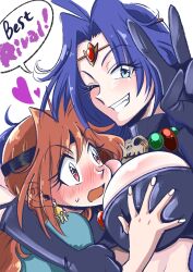 Rule 34 | 2girls, black gloves, blue eyes, blush, breasts, circlet, cleavage, earrings, gloves, grabbing, grabbing another&#039;s breast, grn, hair intakes, headband, highres, hug, itou seseri, jewelry, large breasts, lina inverse, multiple girls, naga the serpent, necklace, one eye closed, purple hair, red eyes, red hair, skull necklace, slayers, surprised, upper body