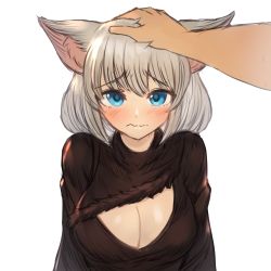Rule 34 | 1boy, 1girl, absurdres, animal ears, blue eyes, blush, breasts, cat ears, cat girl, cleavage, cleavage cutout, clothing cutout, commentary, commission, hand on another&#039;s head, headpat, highres, large breasts, looking at viewer, pixiv commission, simple background, solo focus, sookmo, upper body, wavy mouth, white background, white hair