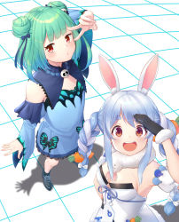 Rule 34 | 2girls, animal ears, braid, breasts, bug, butterfly, carrot hair ornament, commentary request, detached sleeves, double bun, flat chest, food-themed hair ornament, gloves, green hair, hair bun, hair ornament, hair ribbon, highres, hololive, insect, kazuyan, long hair, looking at viewer, multiple girls, open mouth, rabbit ears, red eyes, ribbon, short hair, small breasts, twin braids, uruha rushia, uruha rushia (1st costume), usada pekora, usada pekora (1st costume), v, virtual youtuber, youtube