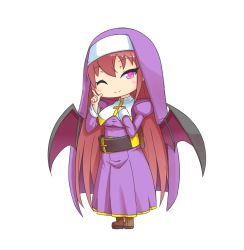 Rule 34 | 1girl, ;), arcana heart, bat wings, belt, brown footwear, brown hair, chibi, clarice di lanza, closed mouth, dress, hand on own chest, index finger raised, long hair, long sleeves, looking at viewer, nun, one eye closed, pecka, pink eyes, purple dress, simple background, smile, solo, standing, very long hair, white background, wings