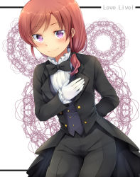 Rule 34 | 10s, 1girl, blush, bow, bowtie, copyright name, formal, gloves, looking at viewer, love live!, love live! school idol project, love wing bell, marimo danshaku, nishikino maki, ponytail, purple eyes, red hair, short hair, smile, solo, traditional bowtie, tuxedo