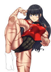 Rule 34 | 1girl, abs, absurdres, black hair, breasts, fighting stance, highres, leotard, muscular, muscular female, no pants, nontraditional miko, purple eyes, scar, sendai hakurei no miko, simple background, socks, solo, standing, standing on one leg, tabi, thick thighs, thighs, toned, touhou, yui sora