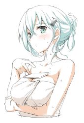 Rule 34 | 10s, 1girl, alternate hairstyle, aqua eyes, arm support, breasts, cellphone, cleavage, collarbone, eyebrows, green hair, hair between eyes, hair ornament, hairclip, kantai collection, large breasts, looking at viewer, messy hair, object on breast, phone, simple background, solo, suzuya (kancolle), takayaki, tawawa challenge, towel, wet, white background