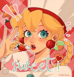 Rule 34 | !, !!, 1girl, artist name, blonde hair, blue eyes, braided hair rings, chef hat, cookie, earrings, english text, food, fruit, hat, highres, holding, holding food, jewelry, little enne, looking at viewer, mario (series), necktie, nintendo, official alternate costume, official alternate hairstyle, open mouth, patissiere peach, patterned background, pink necktie, plaid, plaid background, portrait, princess peach, princess peach: showtime!, red background, red lips, shirt, solo, sphere earrings, strawberry, white hat, white shirt