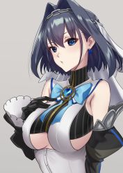 Rule 34 | 1girl, absurdres, black gloves, blue eyes, blue hair, bow, bowtie, breasts, chain, chain headband, cleavage cutout, clothing cutout, detached sleeves, gloves, grey background, hair intakes, hand on own chest, head chain, highres, holocouncil, hololive, hololive english, jewelry, large breasts, looking at viewer, ouro kronii, parted lips, short hair, sideboob, simple background, solo, somebody (leiking00), turtleneck, upper body, veil, virtual youtuber, zipper