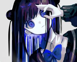 Rule 34 | 1girl, black hair, blue bow, blue bowtie, blue eyes, blue hair, bow, bowtie, closed mouth, collared shirt, colored inner hair, double bun, hair bun, hand glasses, hand up, head tilt, highres, long hair, long sleeves, looking at viewer, momosu momo, multicolored hair, original, portrait, ribbon, shirt, simple background, solo, sweater, white background, white shirt