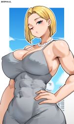 Rule 34 | 1girl, absurdres, android 18, breasts, cromwellb, dragon ball, highres, jewelry, large breasts, necklace, pearl necklace, solo