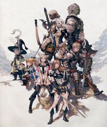 Rule 34 | 10s, 4boys, 4girls, absurdres, animal ears, armor, axe, blonde hair, boots, bow, braid, brown eyes, brown hair, cat ears, cat girl, cat tail, colored skin, dark skin, elbow gloves, elezen, elf, final fantasy, final fantasy xiv, gloves, green skin, grey skin, hair ribbon, hat, highres, hyur, lalafell, long hair, miqo&#039;te, multiple boys, multiple girls, official art, pointy ears, polearm, ponytail, ribbon, roegadyn, scarf, short hair, sitting, smile, square enix, staff, sword, tail, thigh boots, thighhighs, twin braids, warrior of light (ff14), weapon, white hair, witch hat, yoshida akihiko
