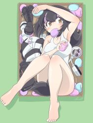 Rule 34 | 1girl, black hair, boots, cherushi 2, highres, humboldt penguin (kemono friends), kemono friends, kemono friends v project, looking at viewer, short hair, simple background, solo, unworn boots, virtual youtuber