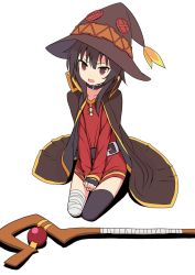 Rule 34 | 10s, 1girl, bandages, belt, black hair, black thighhighs, blush, brown eyes, cape, collar, dress, dress tug, fingerless gloves, gloves, hat, highres, kono subarashii sekai ni shukufuku wo!, looking at viewer, md5 mismatch, megumin, mocha, open mouth, scepter, seiza, short hair, single thighhigh, sitting, solo, staff, thighhighs, v arms, witch hat