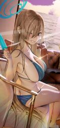 Rule 34 | 1girl, absurdres, ass, asuna (blue archive), bare shoulders, bikini, blue archive, blue bikini, blue eyes, blush, breasts, butt crack, cleavage, collarbone, food, grin, hair over one eye, highres, large breasts, light brown hair, long hair, looking at viewer, nanaken nana, popsicle, sitting, smile, solo, swimsuit, very long hair