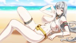Rule 34 | 00s, 1girl, arm support, beach, belt, breasts, day, ebido, highres, large breasts, lying, nipples, nude, on side, pale skin, puffy nipples, red eyes, selvaria bles, senjou no valkyria (series), senjou no valkyria 1, silver hair, narrow waist, solo, uncensored