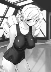 Rule 34 | 10s, 1girl, bad id, bad pixiv id, blush, breasts, covered erect nipples, drill hair, female focus, greyscale, hair ornament, impossible clothes, impossible swimsuit, indoors, jiji (aardvark), large breasts, long hair, mahou shoujo madoka magica, mahou shoujo madoka magica (anime), monochrome, one-piece swimsuit, pool, poolside, rei no pool, school swimsuit, solo, swimsuit, tomoe mami, twin drills, twintails, window