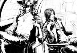 Rule 34 | 2boys, amputee, dracule mihawk, drink, facial hair, greyscale, hat, indoors, male focus, monochrome, multiple boys, one piece, open clothes, open shirt, scar, shanks (one piece), shirt, sitting