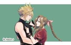Rule 34 | 1boy, 1girl, aerith gainsborough, belt, black gloves, blonde hair, blue eyes, blue shirt, border, braid, braided ponytail, breasts, brown belt, brown hair, closed mouth, cloud strife, couple, dress, final fantasy, final fantasy vii, gloves, green background, green eyes, hair between eyes, hair ribbon, hand on another&#039;s chest, hand on another&#039;s hip, hetero, holding hands, jacket, letterboxed, long hair, looking at another, medium breasts, multiple belts, parted bangs, pink dress, pink ribbon, profile, puffy short sleeves, puffy sleeves, red jacket, ribbon, s kouta s, shirt, short hair, short sleeves, sidelocks, single bare shoulder, single braid, sleeveless, sleeveless turtleneck, smile, spiked hair, suspenders, turtleneck, twitter username, upper body, wavy hair, white border