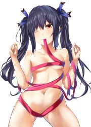 Rule 34 | 1girl, bare shoulders, black hair, blush, breasts, convenient censoring, garter straps, hair ornament, long hair, medium breasts, mouth hold, naked ribbon, navel, neptune (series), noire (neptunia), red eyes, red ribbon, ribbon, solo, twintails, valentine