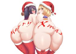 Rule 34 | 2girls, absurdres, annoyed, ass, bare shoulders, blonde hair, blush, breasts, christmas, come hither, embarrassed, flower, from behind, from below, genshin impact, green eyes, hair flower, hair ornament, hair ribbon, hat, highres, huge ass, iceringer, leaning, leaning forward, lisa (genshin impact), long hair, looking at viewer, looking back, mona (genshin impact), multiple girls, naughty face, pout, purple hair, ribbon, santa hat, shiny skin, sideboob, smile, thighhighs, thong, topless, transparent background, twintails, very long hair