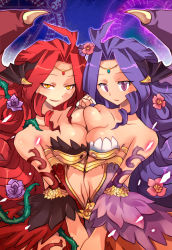 Rule 34 | 2girls, arm tattoo, black wings, blush, breast press, breasts, commentary request, demon wings, diadem, emon-yu, flower, hair flower, hair ornament, head wings, holding hands, humanization, interlocked fingers, long hair, looking at viewer, magic circle, medium breasts, multiple girls, navel, nidhoggr&#039;s shadow, nidhoggr (ragnarok online), open mouth, parted bangs, pink flower, purple eyes, purple flower, purple hair, ragnarok online, red hair, smile, symmetrical docking, symmetry, tattoo, thorns, upper body, very long hair, wings, yellow eyes