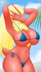 Rule 34 | 1girl, arms behind head, bikini, bird, blaziken, blonde hair, blue eyes, breasts, chest tuft, chicken, cloud, colored sclera, creatures (company), curvy, dgfox, furry, game freak, gen 3 pokemon, highres, huge breasts, large breasts, looking at viewer, navel, nintendo, palm tree, plant, pokemon, pokemon (creature), pool, self-upload, sky, solo, swimsuit, tree, wide hips, yellow sclera