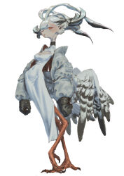 1girl absurdres bird_girl bird_legs black_hair breasts claws cleavage_cutout clothing_cutout dress feathered_wings full_body grey_hair highres jonpei long_hair looking_at_viewer monster_girl multicolored_hair orange_eyes original simple_background small_breasts solo two-tone_hair white_background white_dress wings