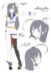 Rule 34 | 1girl, :o, ahoge, asymmetrical clothes, bare shoulders, belt, black hair, black thighhighs, blue sailor collar, blush, bow, braid, breasts, character sheet, choker, cleavage, collarbone, epaulettes, face, female focus, flower, footwear bow, full body, hair flower, hair ornament, heart, heart-shaped pupils, high heels, highres, kanagawa, legs, lily (flower), locadol promotion, long hair, long sleeves, looking at viewer, looking back, midriff, navel, original, outstretched arm, profile, purple eyes, sailor collar, shoes, side ponytail, simple background, single thighhigh, skirt, smile, solo, standing, star (symbol), symbol-shaped pupils, thighhighs, translation request, white background, yurikuta tsukumi, zettai ryouiki