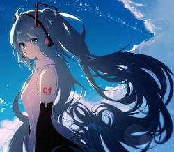 Rule 34 | 1girl, aqua eyes, aqua hair, aqua necktie, bare shoulders, black sleeves, blue sky, cloud, commentary, day, detached sleeves, expressionless, from side, hair ornament, hatsune miku, headphones, headset, isumi (yangyan), long hair, looking at viewer, necktie, outdoors, shirt, shoulder tattoo, sidelighting, sky, sleeveless, sleeveless shirt, solo, symbol-only commentary, tattoo, twintails, upper body, very long hair, vocaloid, white shirt