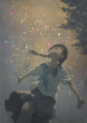 Rule 34 | 1girl, aerial fireworks, black hair, blue neckerchief, blue sailor collar, blue skirt, braid, closed eyes, closed mouth, commentary request, fireworks, from below, glasses, highres, neckerchief, night, night sky, original, outdoors, outstretched arms, power lines, running, sailor collar, school uniform, serafuku, skirt, sky, solo, twin braids, xiaobanbei milk