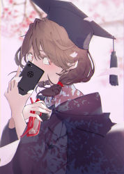 Rule 34 | 1girl, absurdres, alternate costume, blurry, brown hair, cellphone, cherry blossoms, depth of field, unworn eyewear, graduation, hair ribbon, hat, highres, holding, holding removed eyewear, low twintails, mizoreshi, mortarboard, phone, ribbon, short hair, smartphone, solo, star (symbol), touhou, twintails, usami sumireko