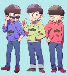 Rule 34 | 10s, 3boys, ;), black hair, bowl cut, brothers, choromatsu (cosplay), contrapposto, cosplay, costume switch, denim, facial mark, half-closed eyes, hand in pocket, hand on own hip, hood, hoodie, jeans, karamatsu (cosplay), layered clothes, male focus, matsuno choromatsu, matsuno choromatsu (cosplay), matsuno karamatsu, matsuno karamatsu (cosplay), matsuno osomatsu, matsuno osomatsu (cosplay), multiple boys, noruberusu, one eye closed, osomatsu-kun, osomatsu-san, osomatsu (osomatsu-kun) (cosplay), osomatsu (series), pants, siblings, sleeves rolled up, smile, standing, sunglasses, sweatdrop, thumbs up, triangle mouth, whisker markings, wink