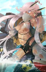 Rule 34 | 1girl, ahoge, areola slip, azur lane, bandeau, black gloves, blue eyes, blush, boku (bo ku), bomb, breasts, closed mouth, commentary request, dark-skinned female, dark skin, explosive, facepaint, fat man (nuclear bomb), feet out of frame, gloves, hazard symbol, heart, heart ahoge, heterochromia, highres, horns, indianapolis (azur lane), long hair, looking to the side, mechanical horns, medium breasts, navel, nuclear weapon, partially fingerless gloves, pink hair, radiation symbol, solo, thighhighs, torn bandeau, torn clothes, torn thighhighs, turtleneck, underboob, very long hair, weapon of mass destruction, white bandeau, white thighhighs, yellow eyes