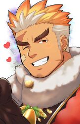Rule 34 | 1boy, bandaid, bandaid on cheek, bandaid on face, bara, beard stubble, bell, blonde hair, blush, close-up, earrings, facial hair, grin, heart, highres, jewelry, looking at viewer, male focus, multicolored hair, official alternate costume, one eye closed, oskn tengoku, santa costume, scar, scar on face, short hair, smile, solo, spoken heart, stubble, thick eyebrows, tokyo houkago summoners, two-tone hair, ulaanbaatar (housamo), white hair