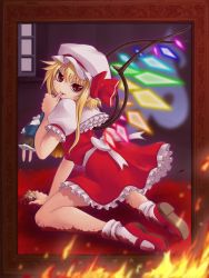 Rule 34 | 1girl, blonde hair, blood, bow, child, doll, dress, female focus, fire, flandre scarlet, frilled dress, frills, hair bow, hat, laevatein, mob cap, painting (object), puffy short sleeves, puffy sleeves, rainbow order, red bow, red dress, red eyes, red footwear, shoes, short hair, short sleeves, socks, solo, touhou, white bow, white hat, white sleeves, white socks, wings, yaso shigeru