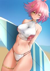 Rule 34 | 1girl, absurdres, beach, bikini, breasts, deekei, highres, impossible clothes, large breasts, midriff, navel, one eye closed, pink hair, skin tight, smile, solo, surfboard, swimsuit, tohno amane (deekei), yellow eyes