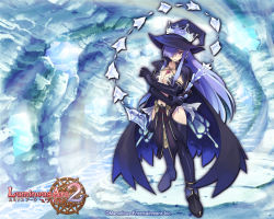 Rule 34 | 1girl, blue hair, boots, breasts, cleavage, crossed arms, earrings, elbow gloves, fatima, gloves, hair over one eye, hat, hip focus, ice, jewelry, large breasts, long hair, luminous arc, luminous arc 2, midriff, navel, pendant, purple eyes, shibano kaito, solo, thigh boots, thighhighs, wallpaper, witch, witch hat